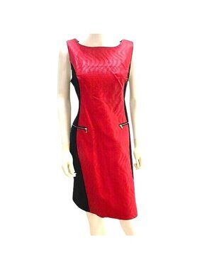 Midnight Velvet Red & Black Sleeveless Sheath Dress With Textured Front & Zipper